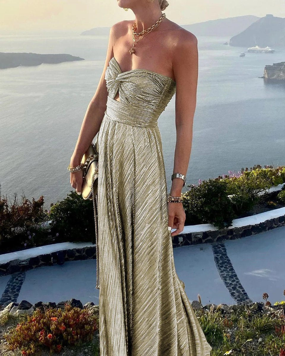 Women's Strapless Cutout Pleated Maxi Formal Dress