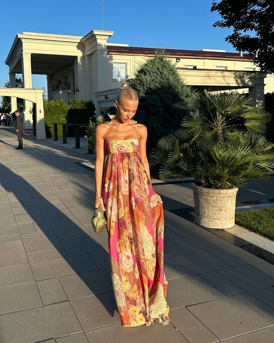 Women's Strapless Floral Maxi Fall Wedding Guest Dress