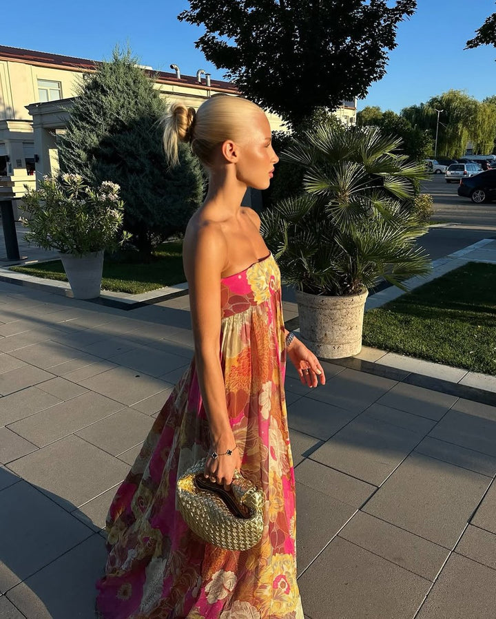 Women's Strapless Floral Maxi Fall Wedding Guest Dress