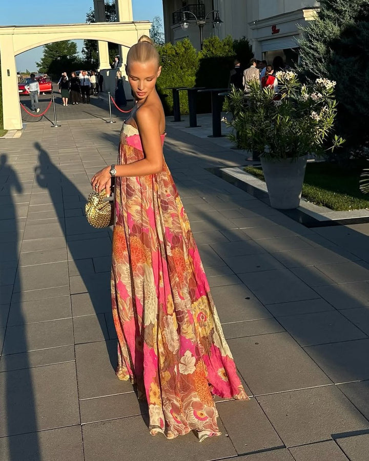 Women's Strapless Floral Maxi Fall Wedding Guest Dress