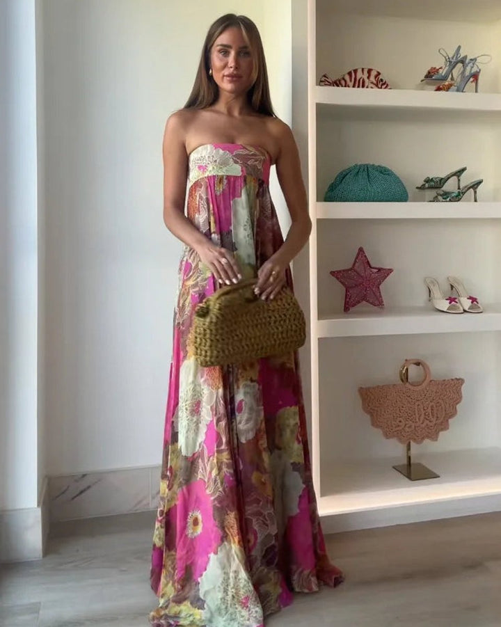 Women's Strapless Floral Maxi Fall Wedding Guest Dress