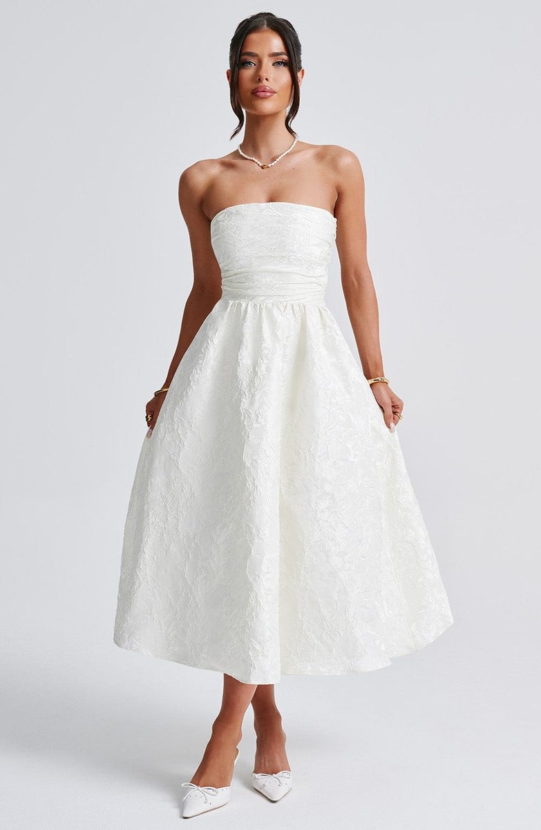 Women's Strapless Jacquard Fall Wedding Guest Dress Midi A-Line