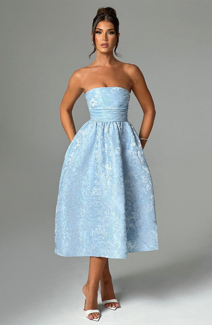 Women's Strapless Jacquard Fall Wedding Guest Dress Midi A-Line