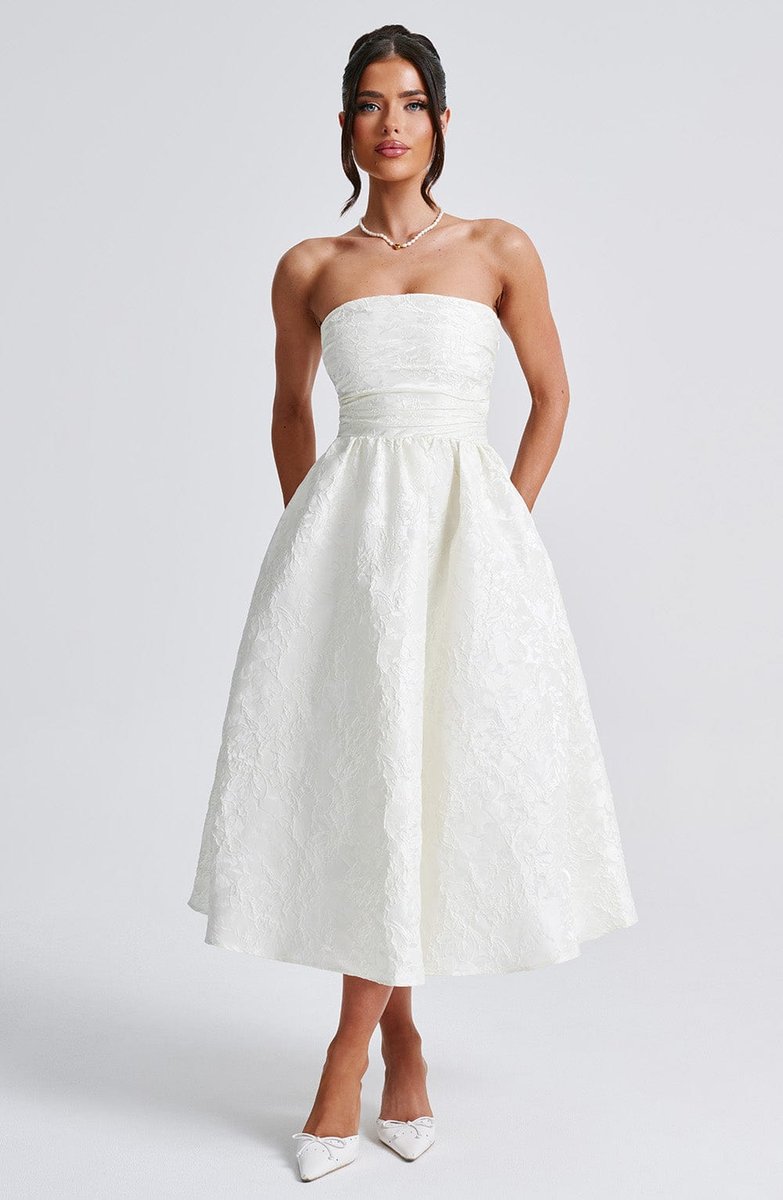 Women's Strapless Jacquard Fall Wedding Guest Dress Midi A-Line
