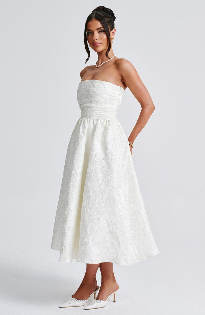 Women's Strapless Jacquard Fall Wedding Guest Dress Midi A-Line