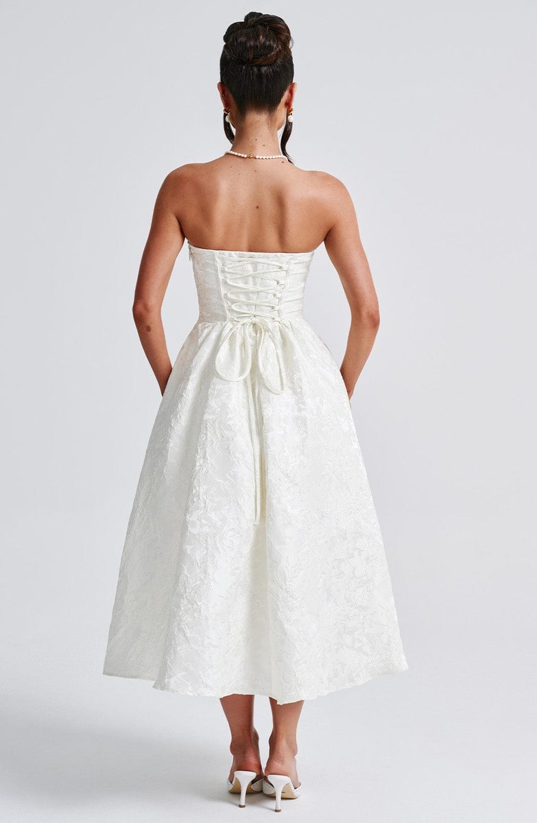 Women's Strapless Jacquard Fall Wedding Guest Dress Midi A-Line