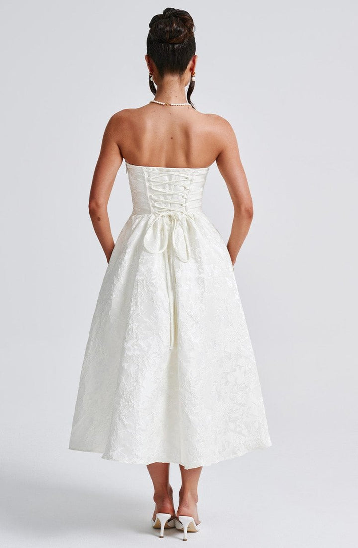Women's Strapless Jacquard Fall Wedding Guest Dress Midi A-Line