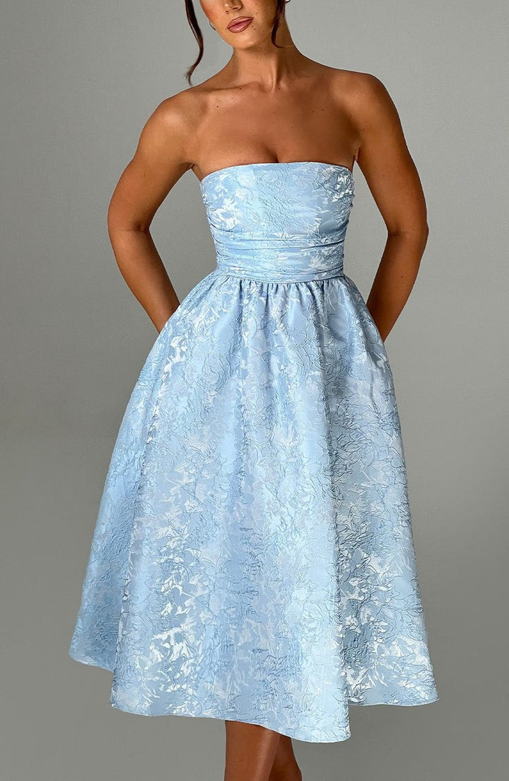 Women's Strapless Jacquard Fall Wedding Guest Dress Midi A-Line