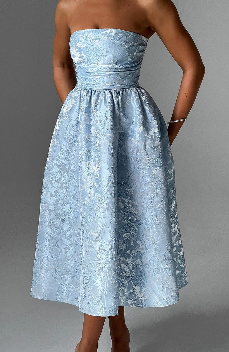 Women's Strapless Jacquard Fall Wedding Guest Dress Midi A-Line
