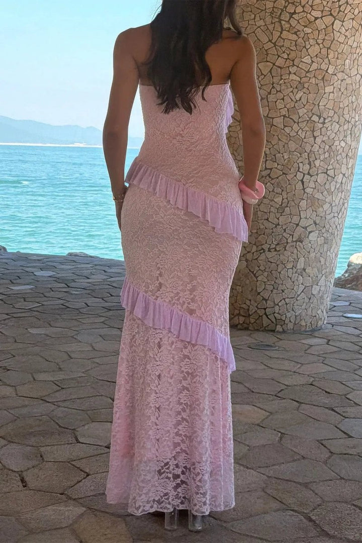 Women's Strapless Lace Ruffle Maxi Fall Wedding Guest Dress