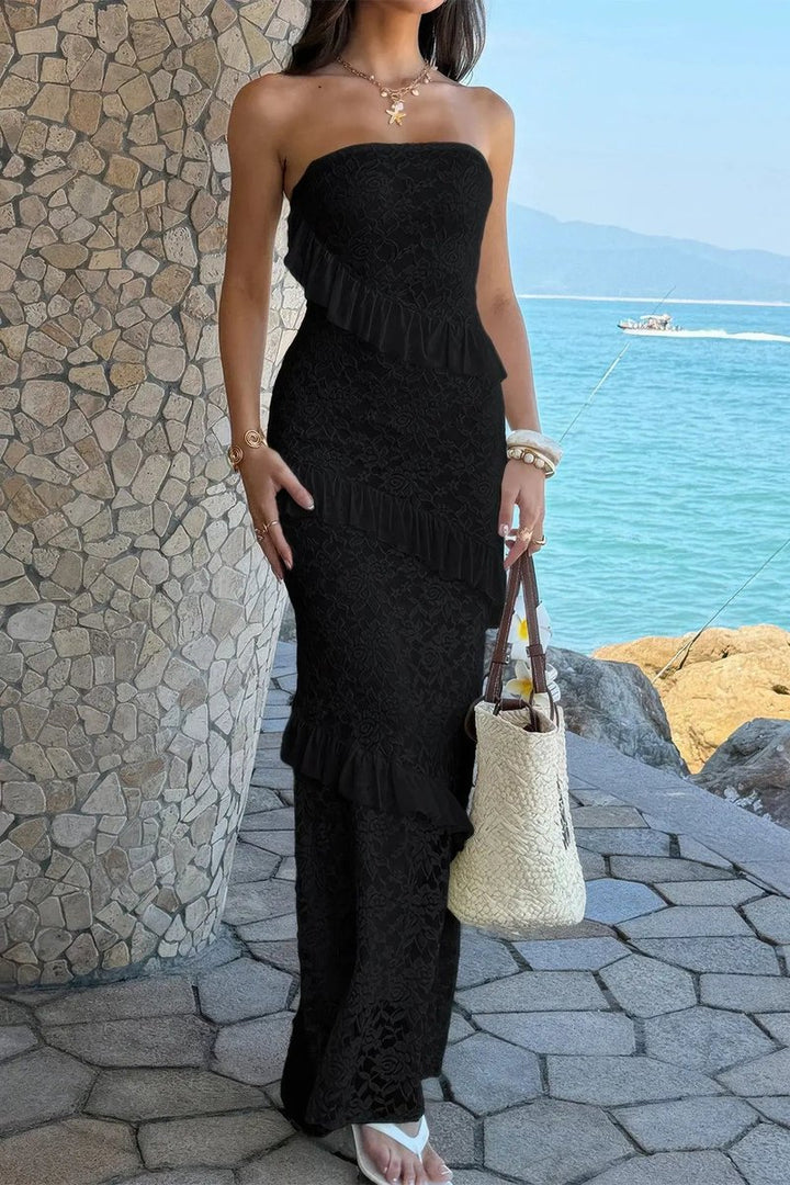 Women's Strapless Lace Ruffle Maxi Fall Wedding Guest Dress