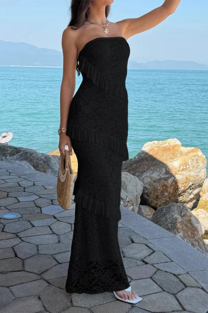 Women's Strapless Lace Ruffle Maxi Fall Wedding Guest Dress