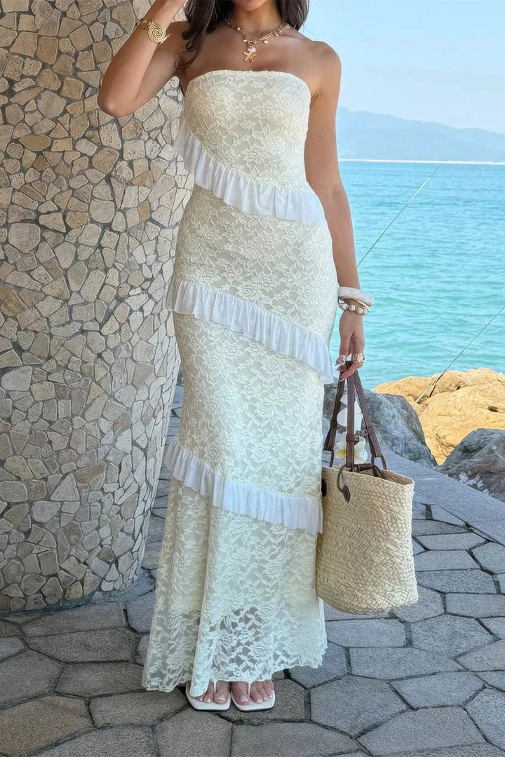Women's Strapless Lace Ruffle Maxi Fall Wedding Guest Dress