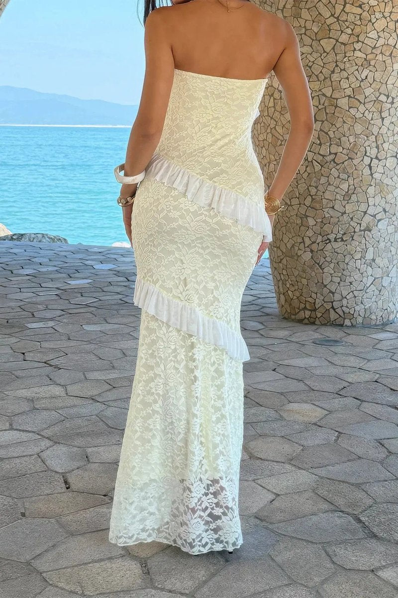 Women's Strapless Lace Ruffle Maxi Fall Wedding Guest Dress