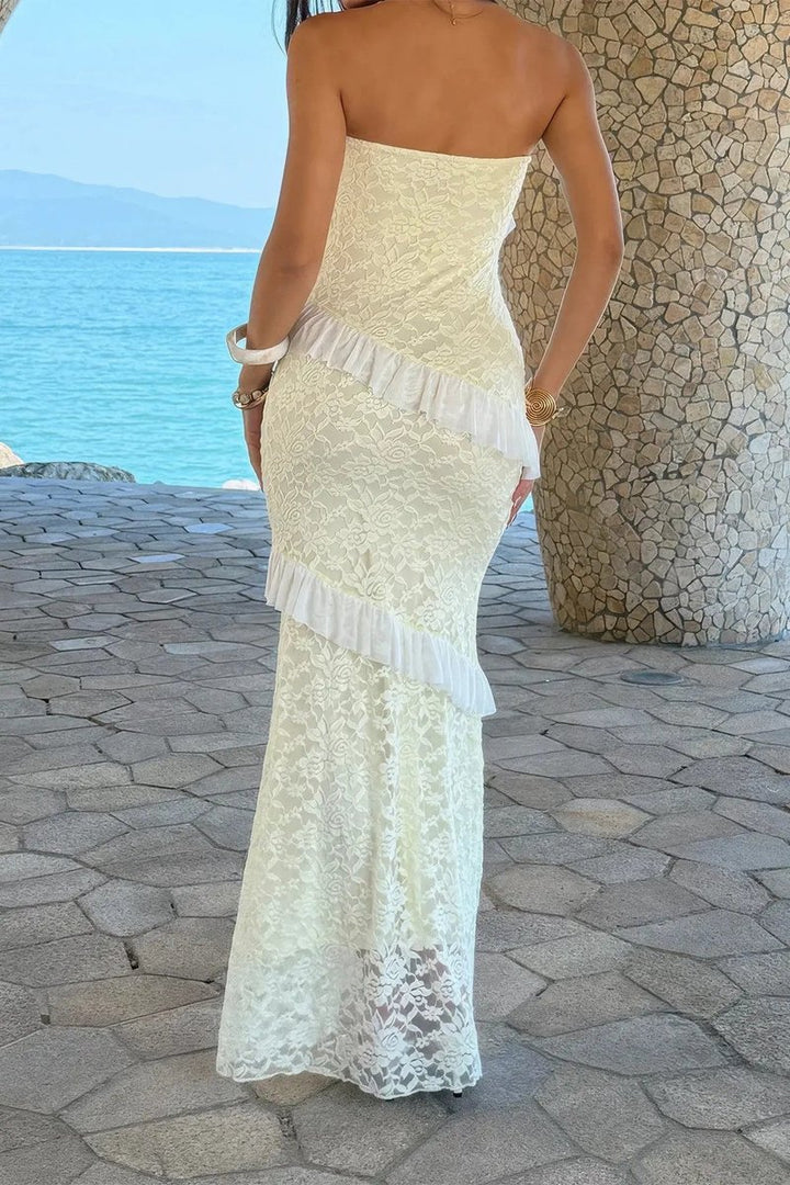 Women's Strapless Lace Ruffle Maxi Fall Wedding Guest Dress