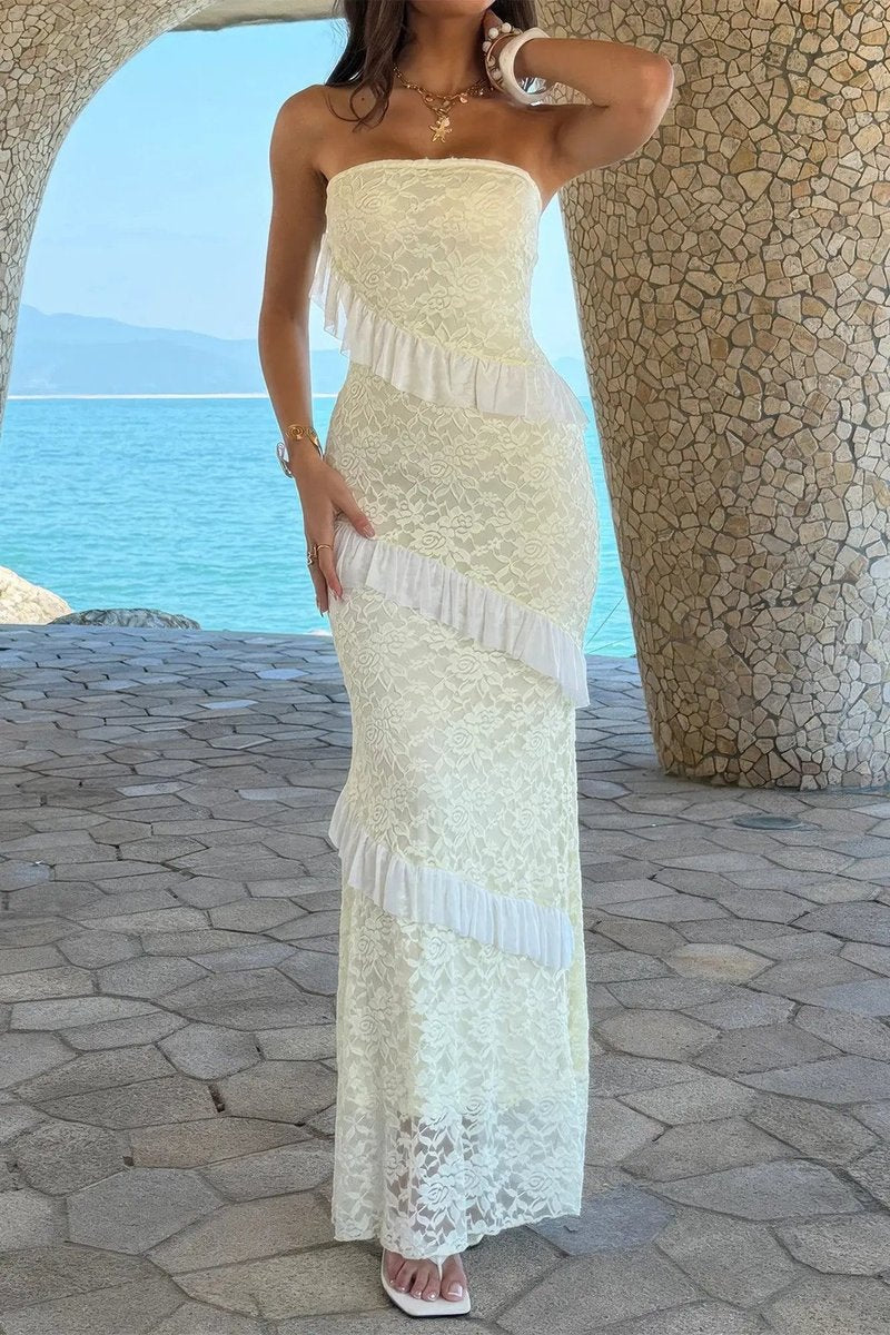 Women's Strapless Lace Ruffle Maxi Fall Wedding Guest Dress