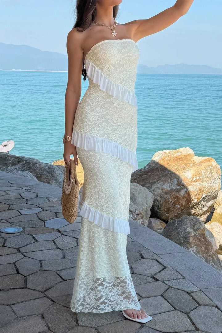 Women's Strapless Lace Ruffle Maxi Fall Wedding Guest Dress