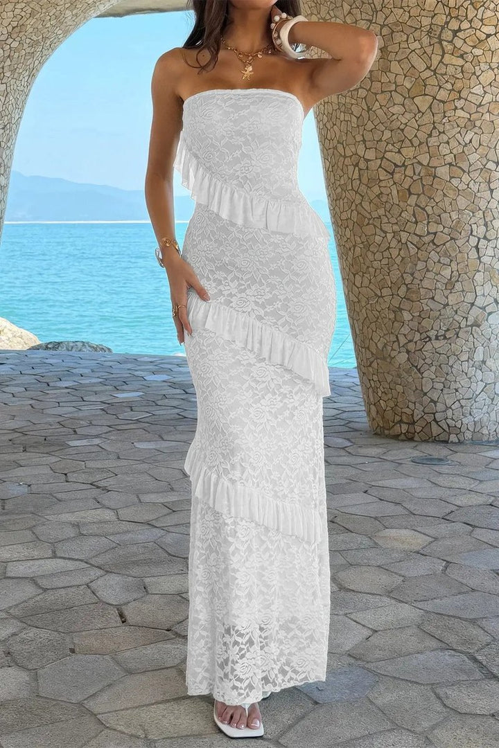 Women's Strapless Lace Ruffle Maxi Fall Wedding Guest Dress