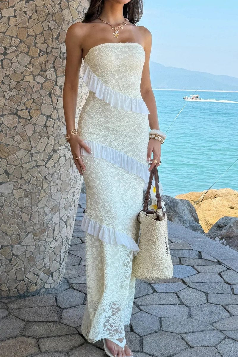 Women's Strapless Lace Ruffle Maxi Fall Wedding Guest Dress