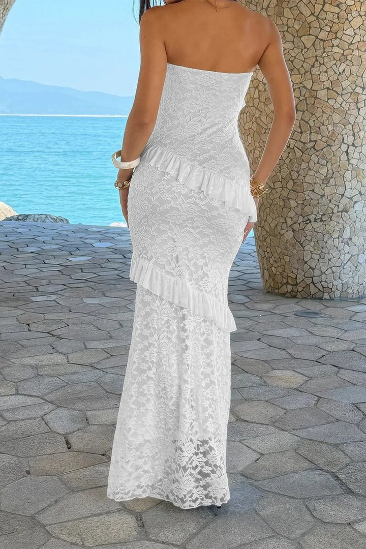 Women's Strapless Lace Ruffle Maxi Fall Wedding Guest Dress
