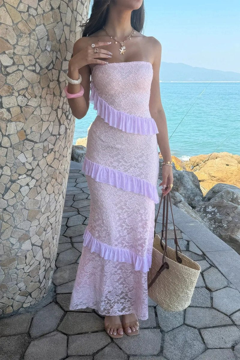 Women's Strapless Lace Ruffle Maxi Fall Wedding Guest Dress