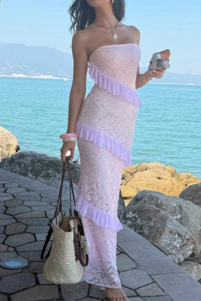 Women's Strapless Lace Ruffle Maxi Fall Wedding Guest Dress