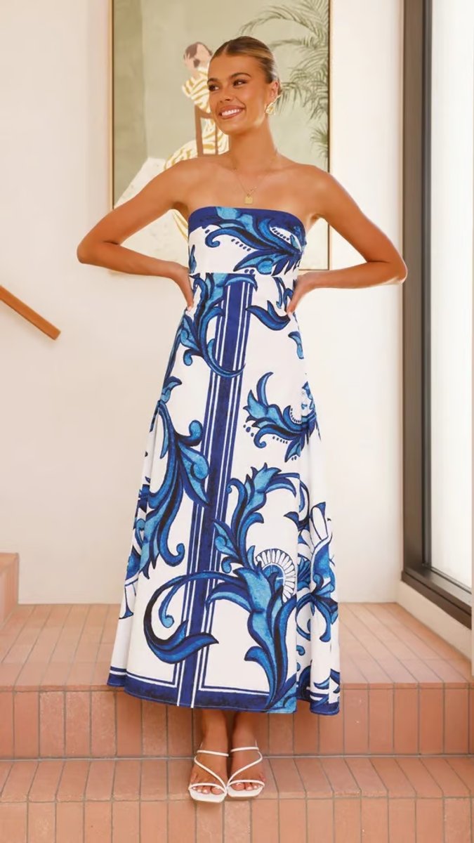 Women's Strapless Ornamental-Print A-Line Midi Formal Dress