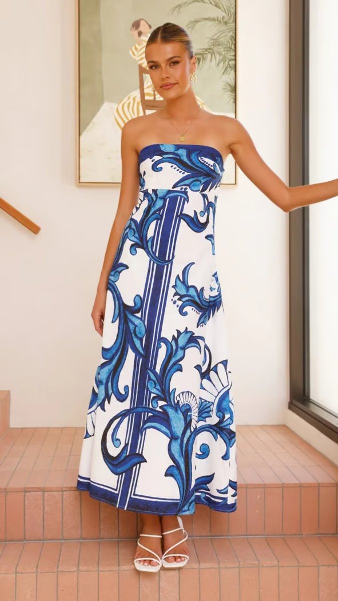Women's Strapless Ornamental-Print A-Line Midi Formal Dress