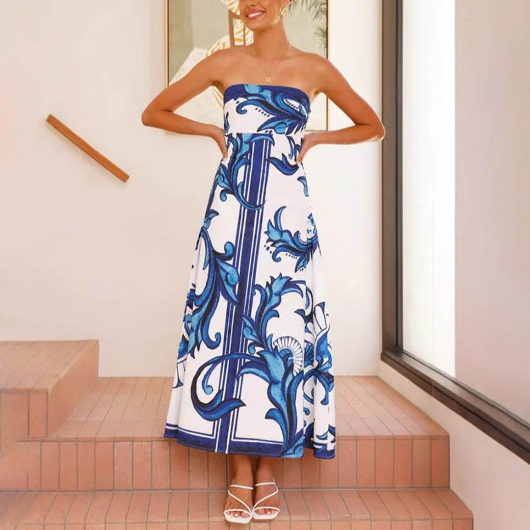 Women's Strapless Ornamental-Print A-Line Midi Formal Dress