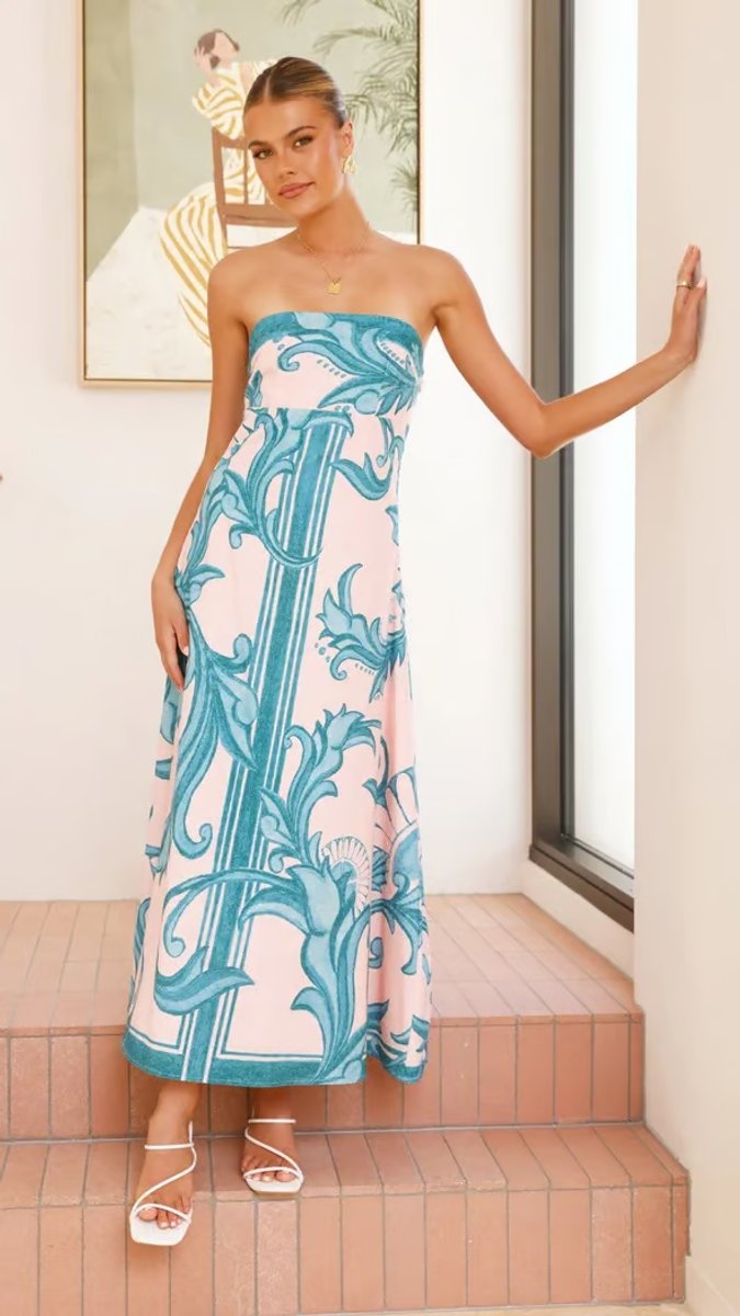 Women's Strapless Ornamental-Print A-Line Midi Formal Dress