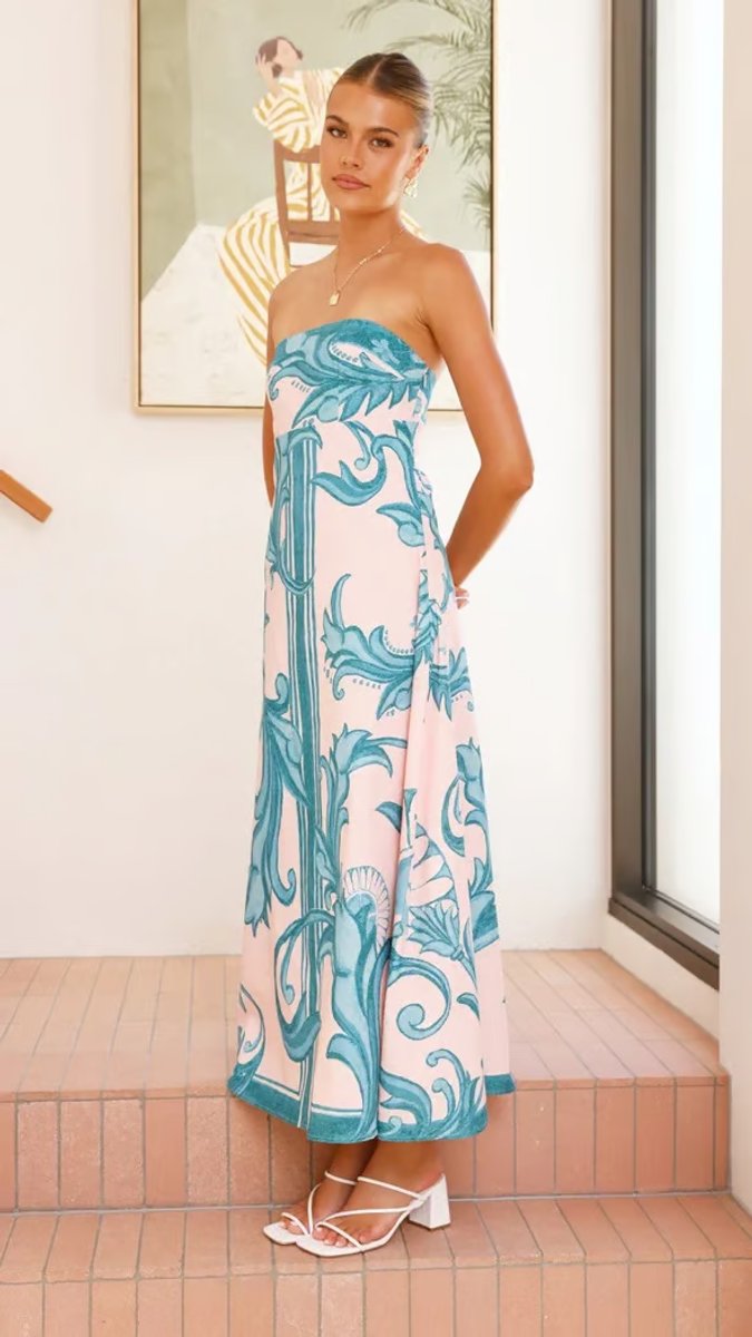 Women's Strapless Ornamental-Print A-Line Midi Formal Dress