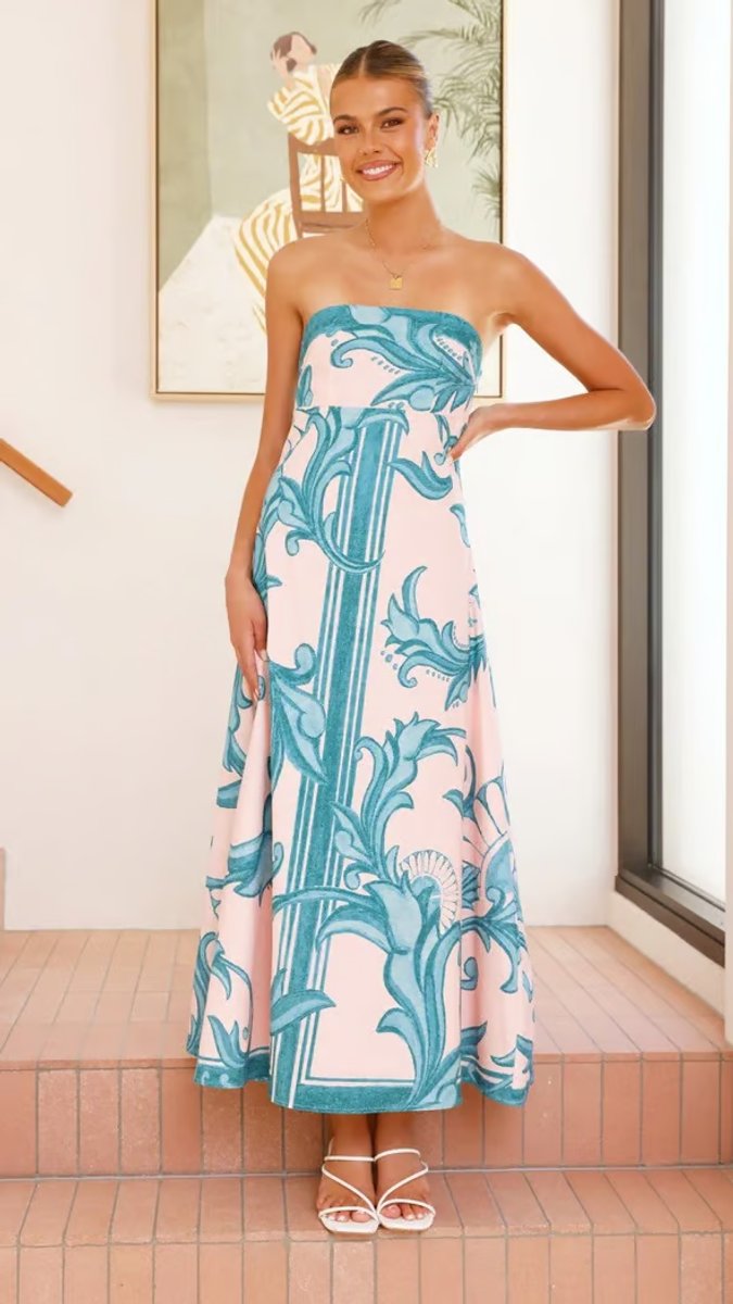 Women's Strapless Ornamental-Print A-Line Midi Formal Dress