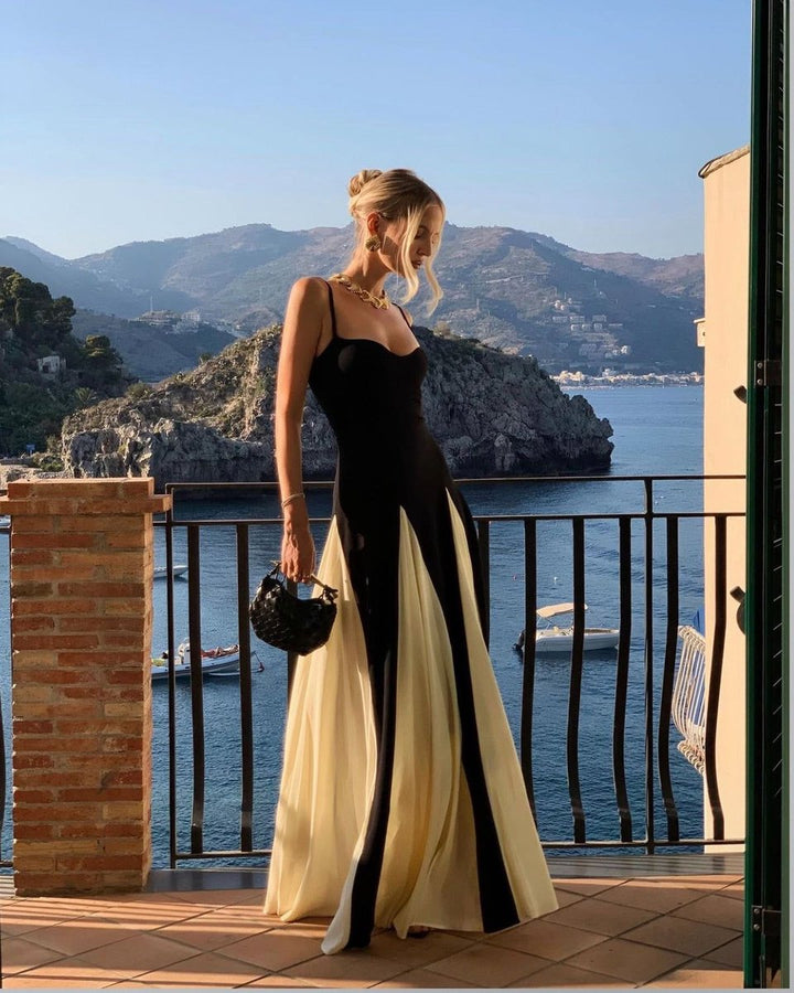 Women's Strapless Panel Maxi Formal Dress Colorblock Flowy Gown
