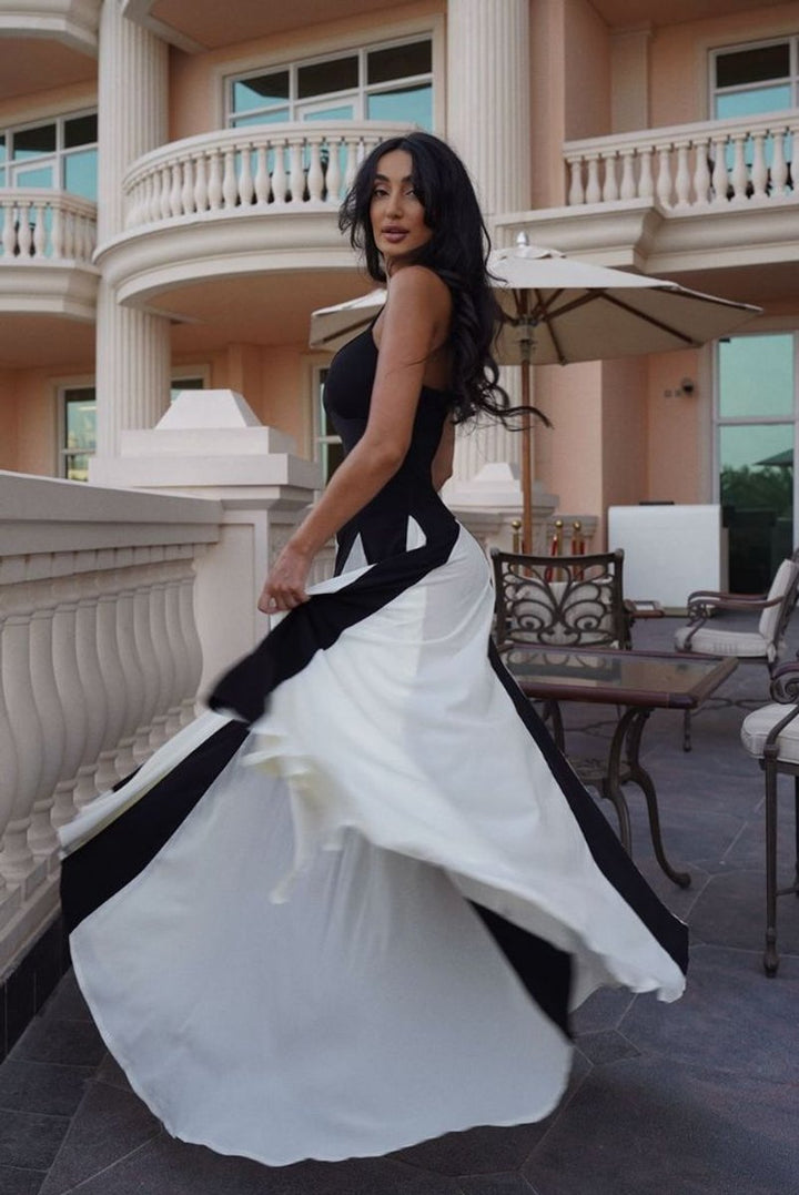 Women's Strapless Panel Maxi Formal Dress Colorblock Flowy Gown