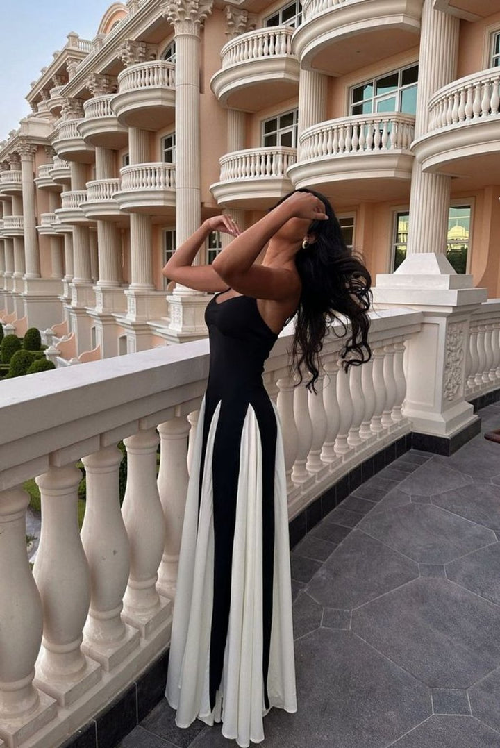 Women's Strapless Panel Maxi Formal Dress Colorblock Flowy Gown