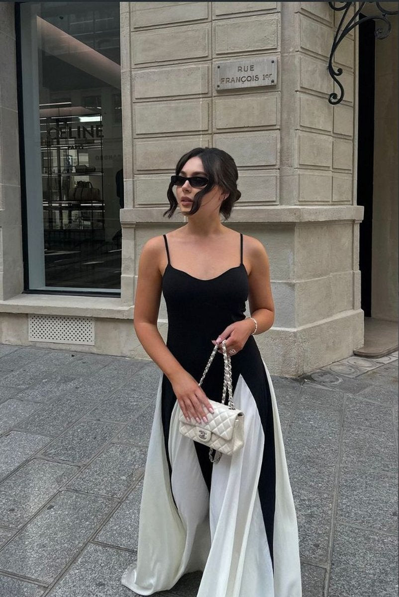 Women's Strapless Panel Maxi Formal Dress Colorblock Flowy Gown
