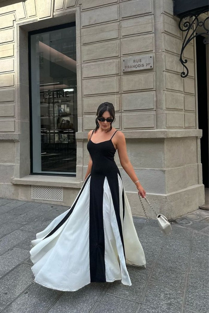 Women's Strapless Panel Maxi Formal Dress Colorblock Flowy Gown
