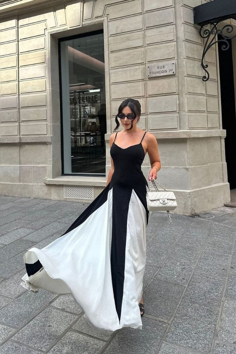 Women's Strapless Panel Maxi Formal Dress Colorblock Flowy Gown