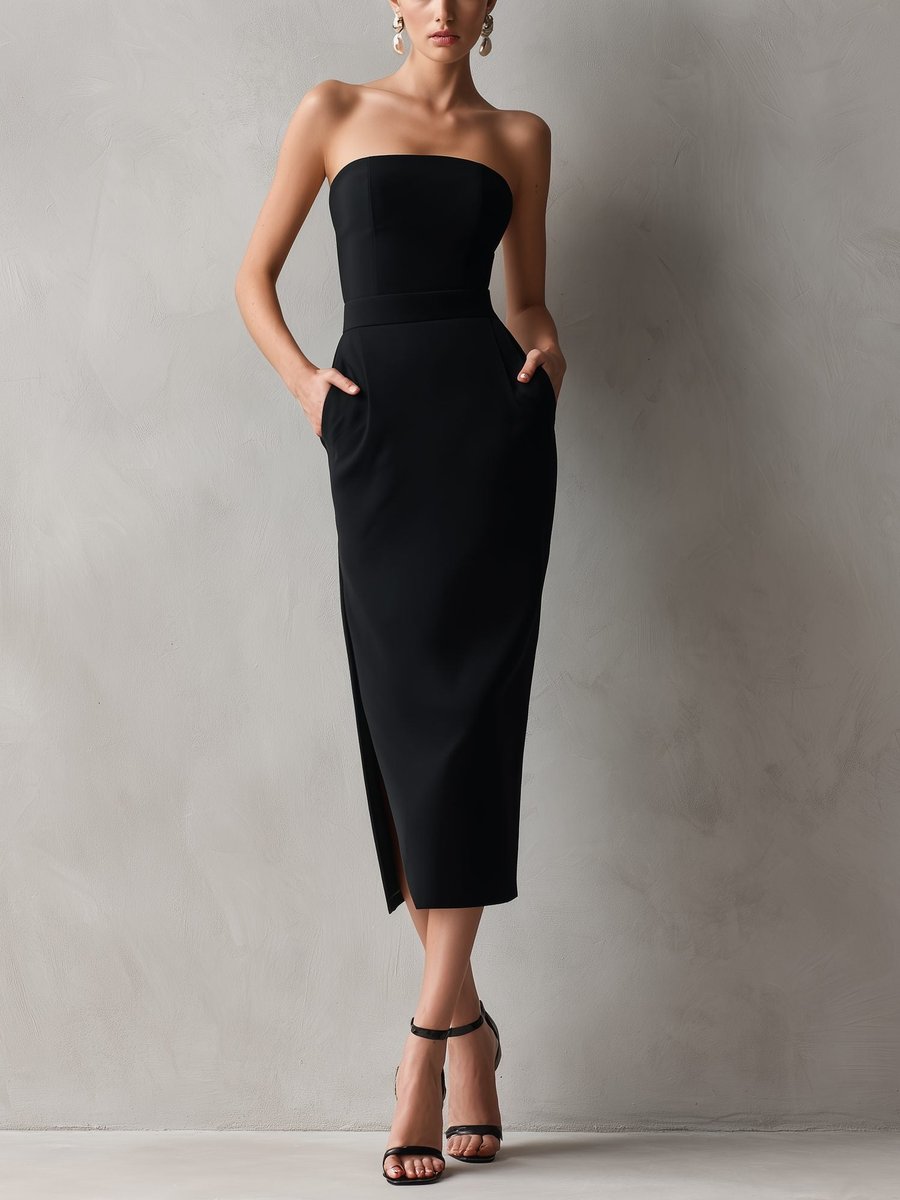 Women's Strapless Pocket Midi Formal Dress