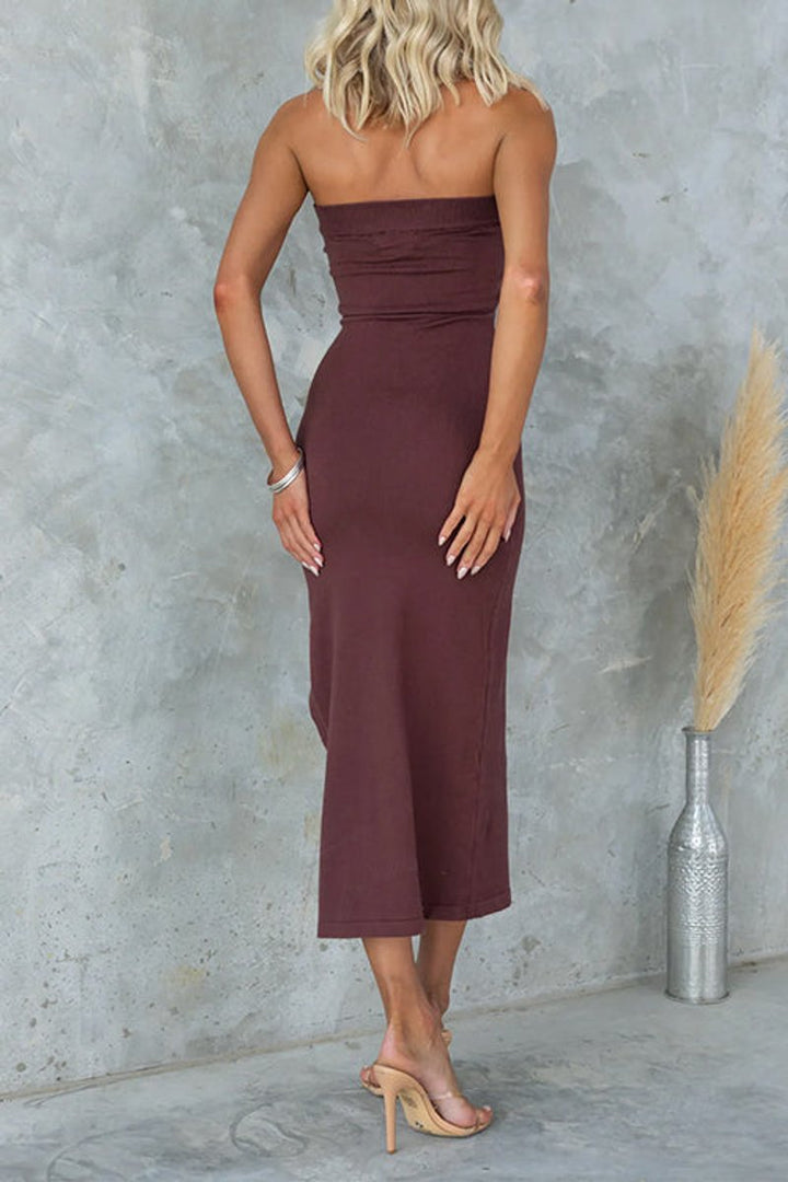 Women's Strapless Ribbed Knit Side-Slit Fall Midi Dress