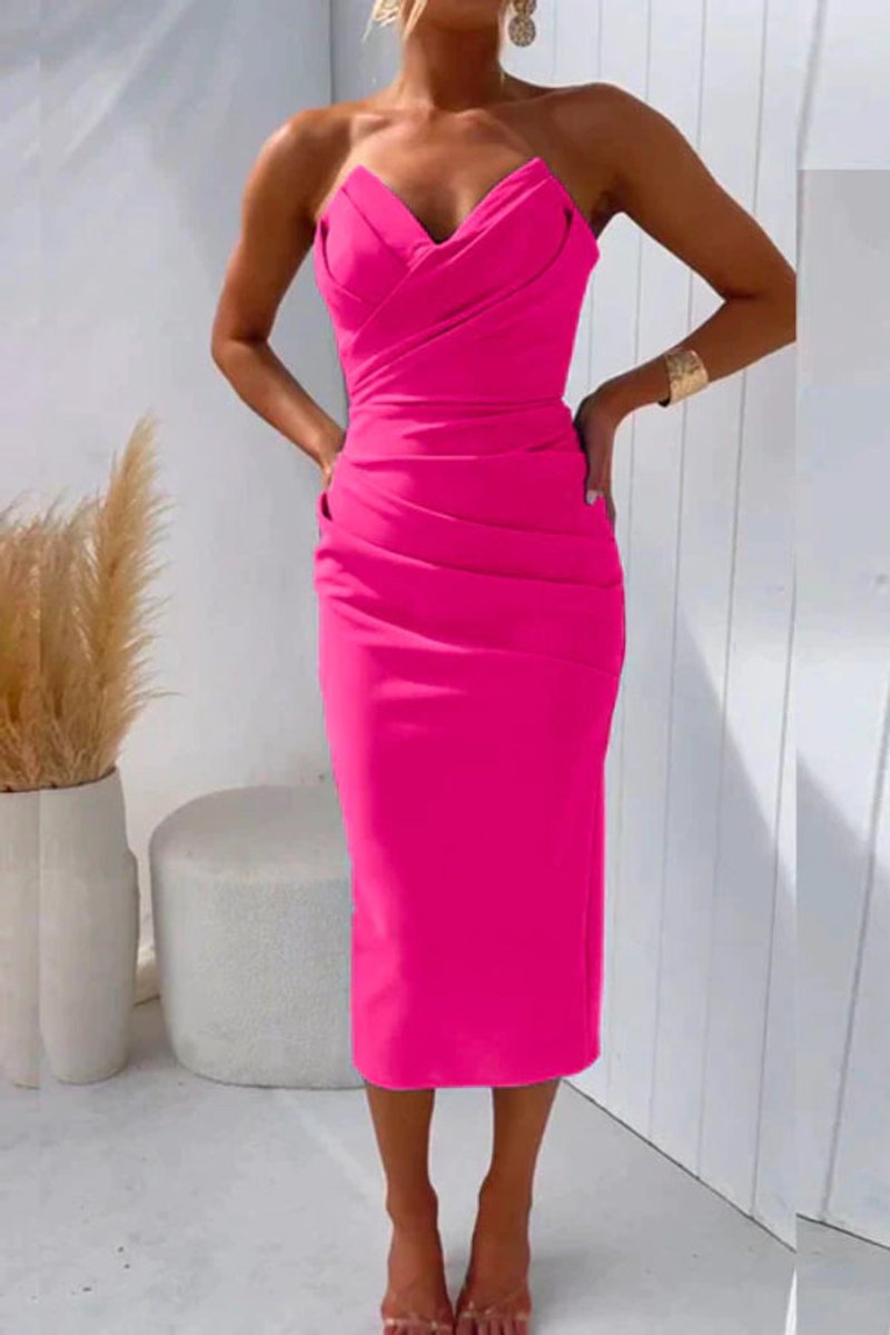 Women's Strapless Ruched Bodycon Fall Midi Dress