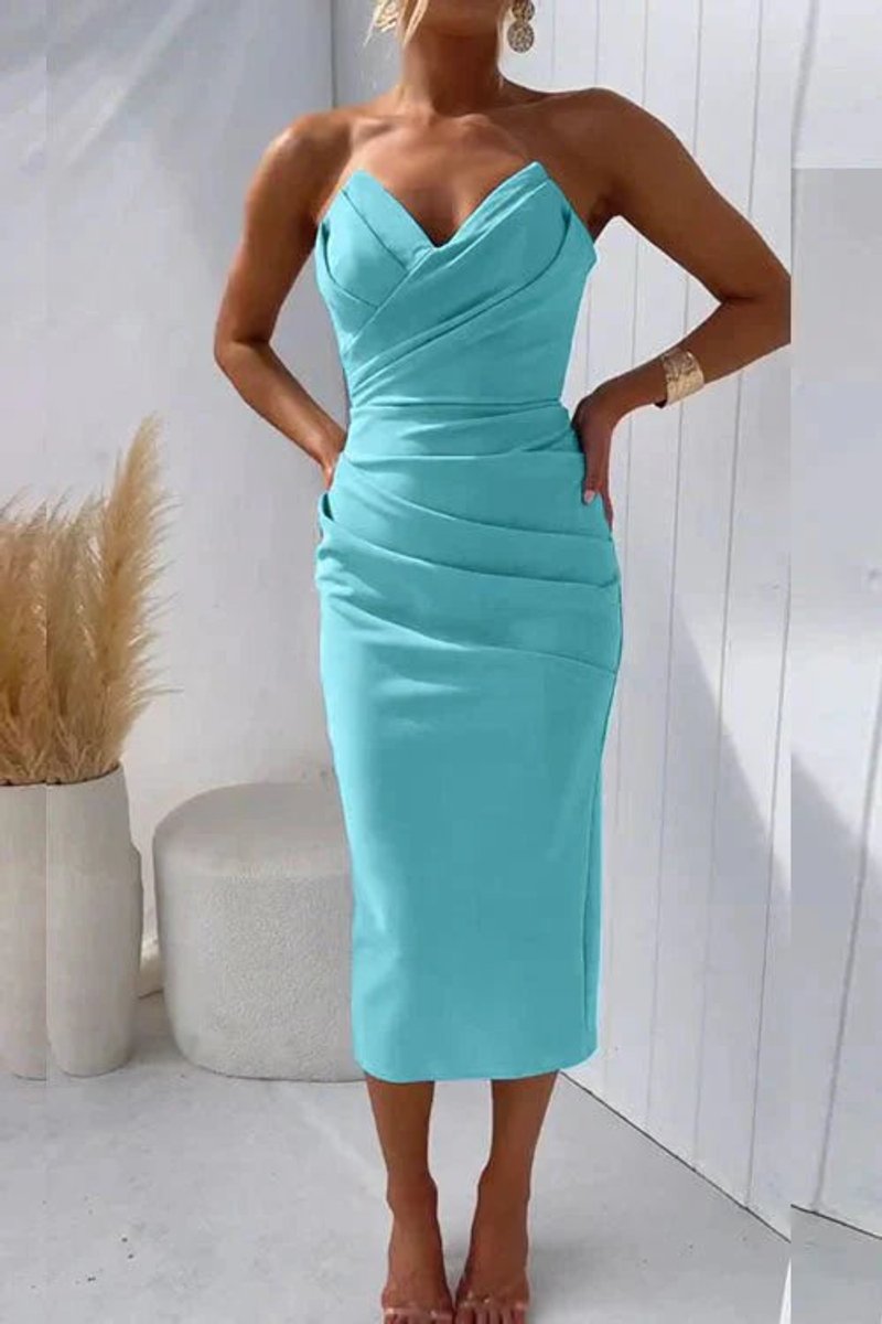 Women's Strapless Ruched Bodycon Fall Midi Dress
