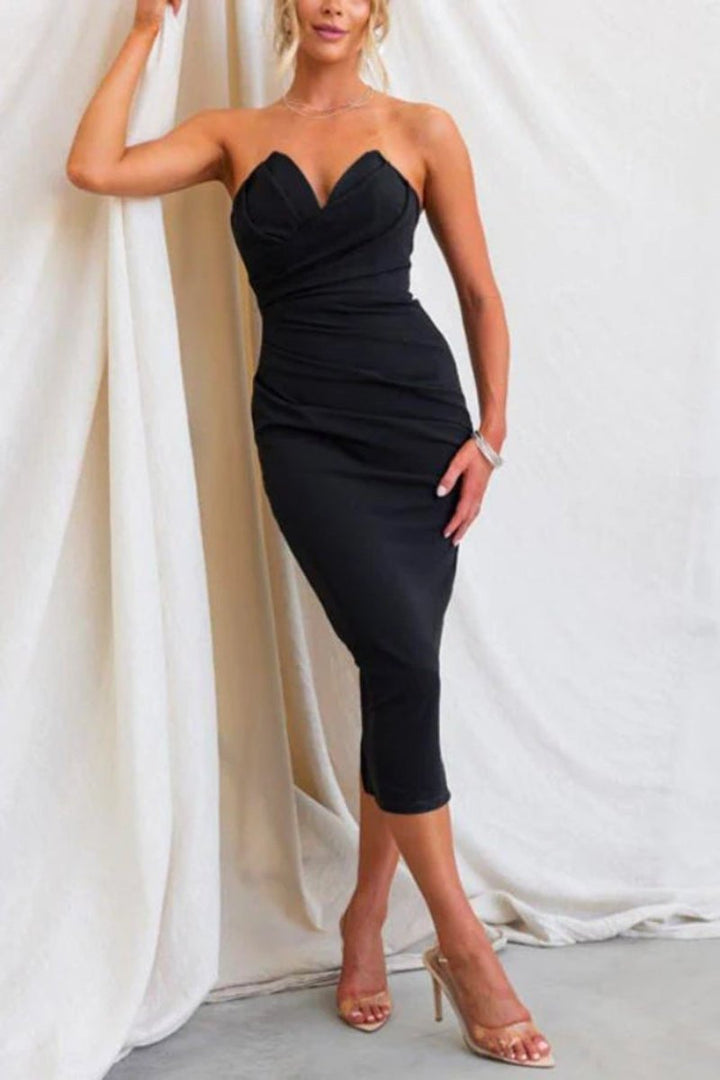 Women's Strapless Ruched Bodycon Fall Midi Dress