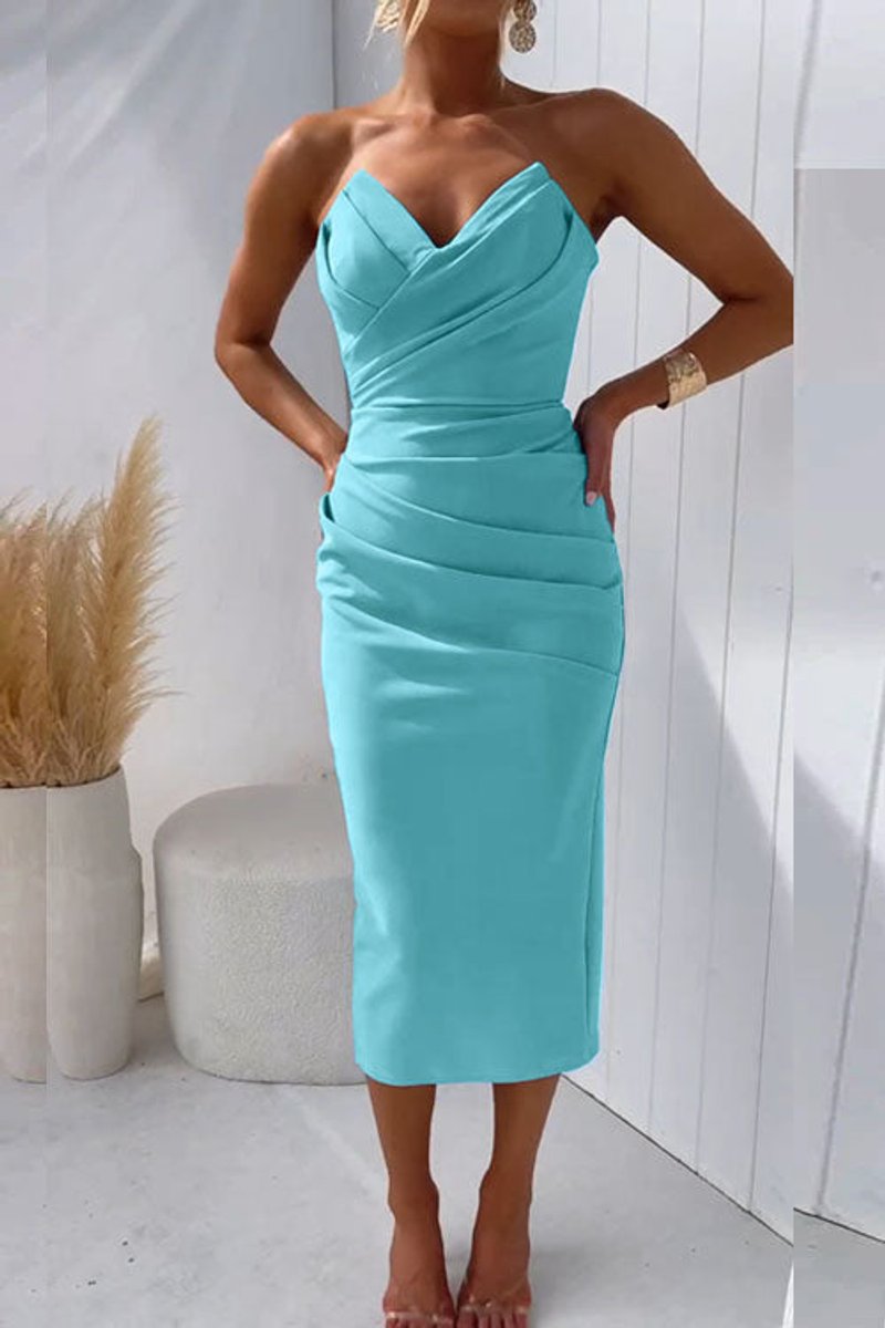 Women's Strapless Ruched Bodycon Fall Midi Dress