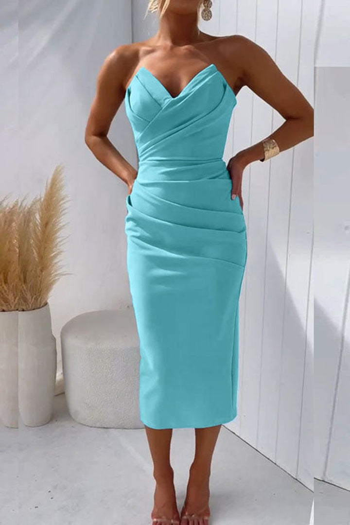 Women's Strapless Ruched Bodycon Fall Midi Dress