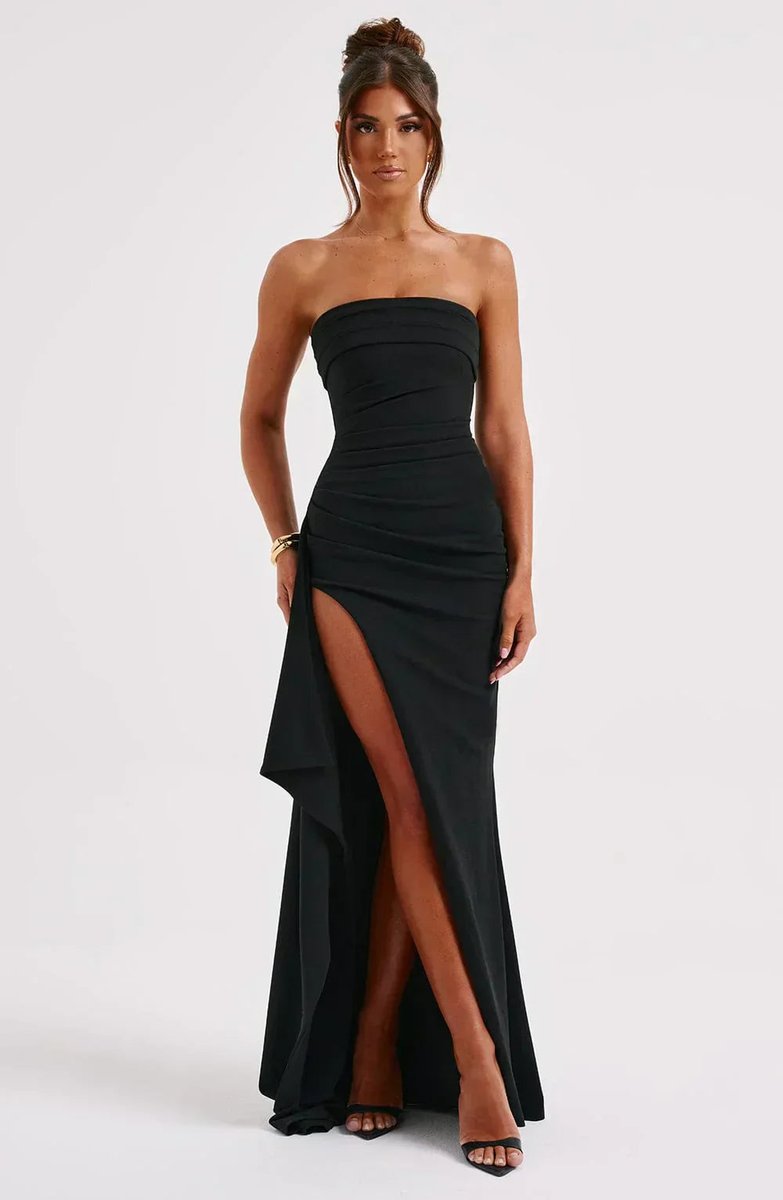 Women's Strapless Ruched Fall Wedding Guest Dress High-Slit Maxi Gown