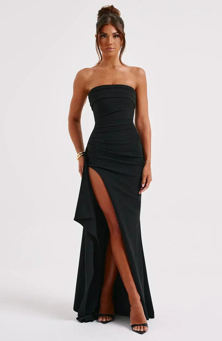 Women's Strapless Ruched Fall Wedding Guest Dress High-Slit Maxi Gown
