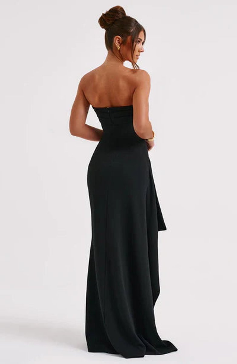 Women's Strapless Ruched Fall Wedding Guest Dress High-Slit Maxi Gown