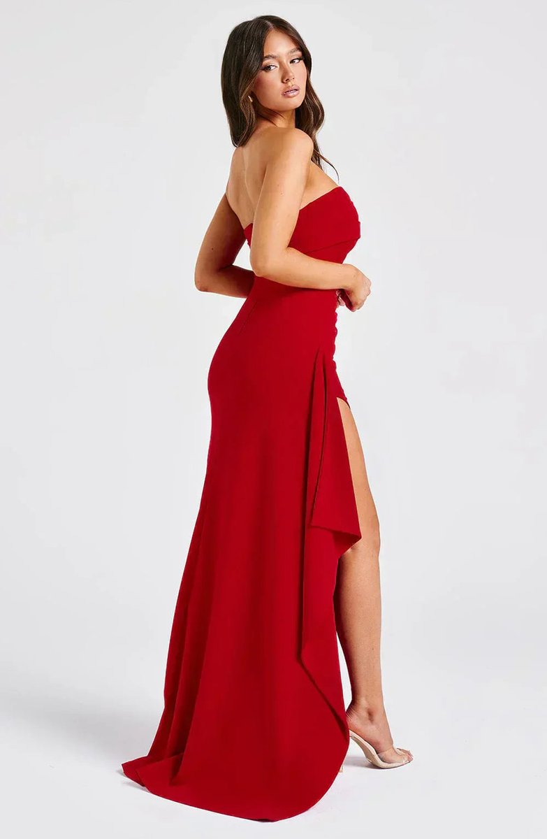 Women's Strapless Ruched Fall Wedding Guest Dress High-Slit Maxi Gown