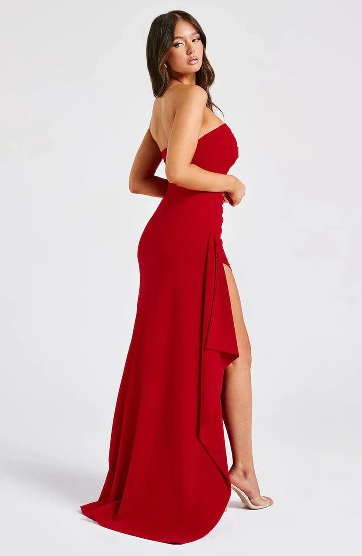 Women's Strapless Ruched Fall Wedding Guest Dress High-Slit Maxi Gown
